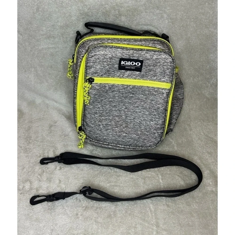 Igloo Insulated Lunch Bag Heather Gray Neon Yellow‎ Cooler Crossbody Strap